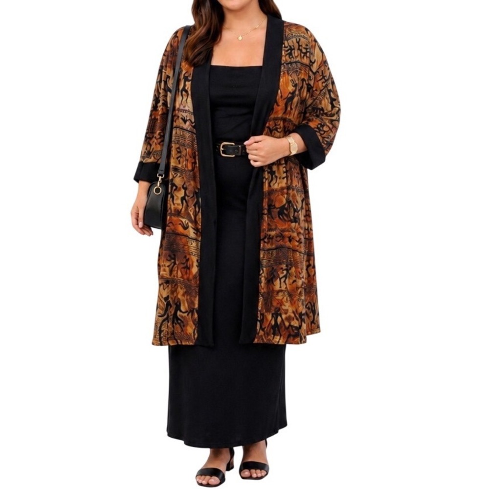 Sequel 20W Rust Brown Print Cardigan Shawl Collar Boho Duster